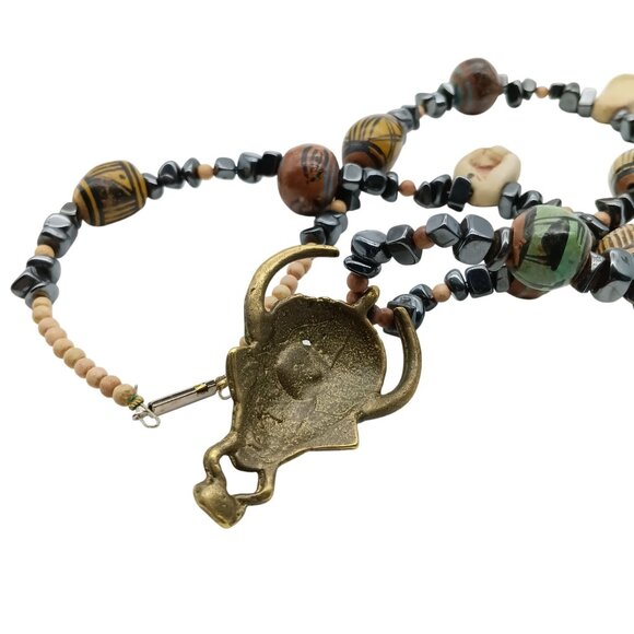 African-Inspired Brass Tribal Mask Pendant Necklace with Ceramic & Stone Beads - Picture 4 of 4